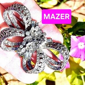 Early Vtg MAZER Rhinestone Rhodium plt Bow Brooch